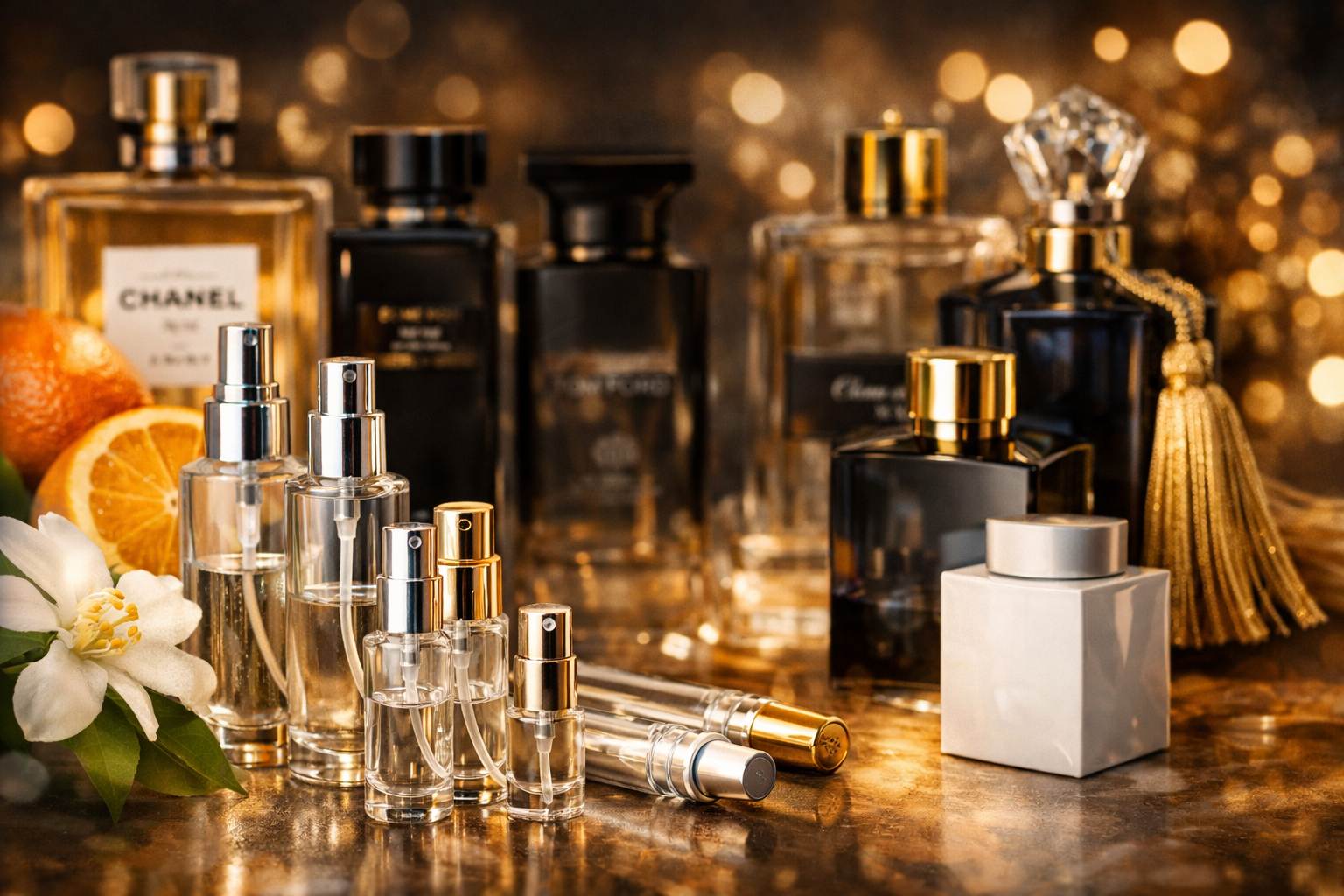 Добірка парфумерного розпиву на теплій editorial-сцені