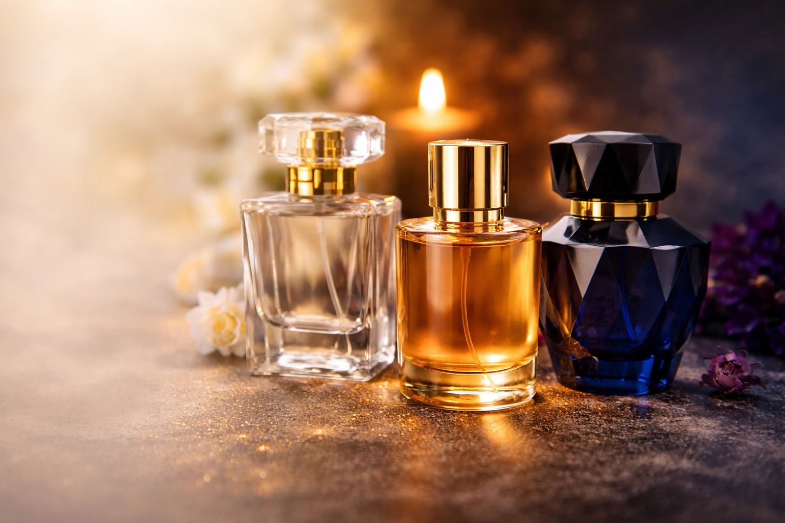 Елегантний флакон парфуму та квіти