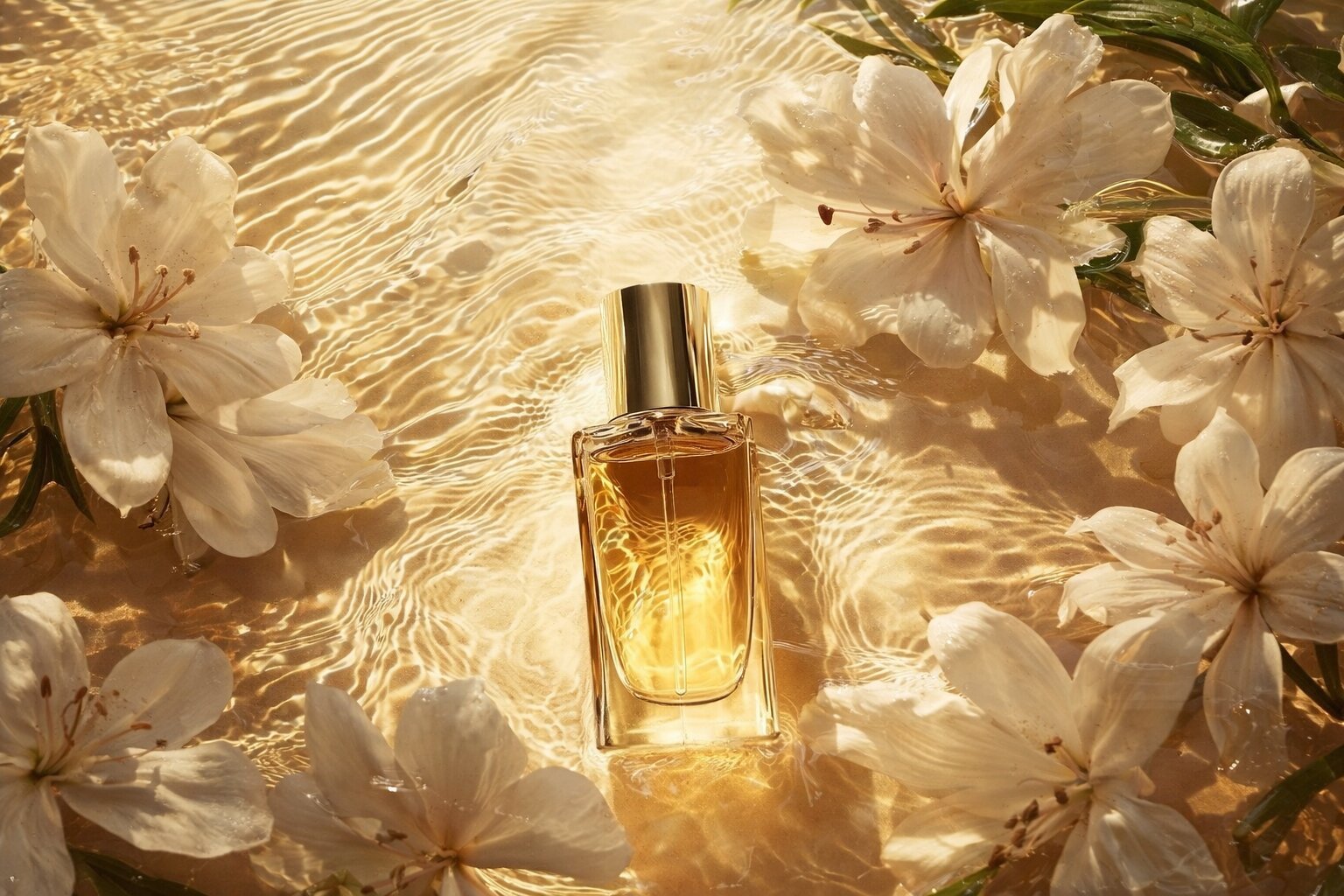 Perfume bottle with soft blue background